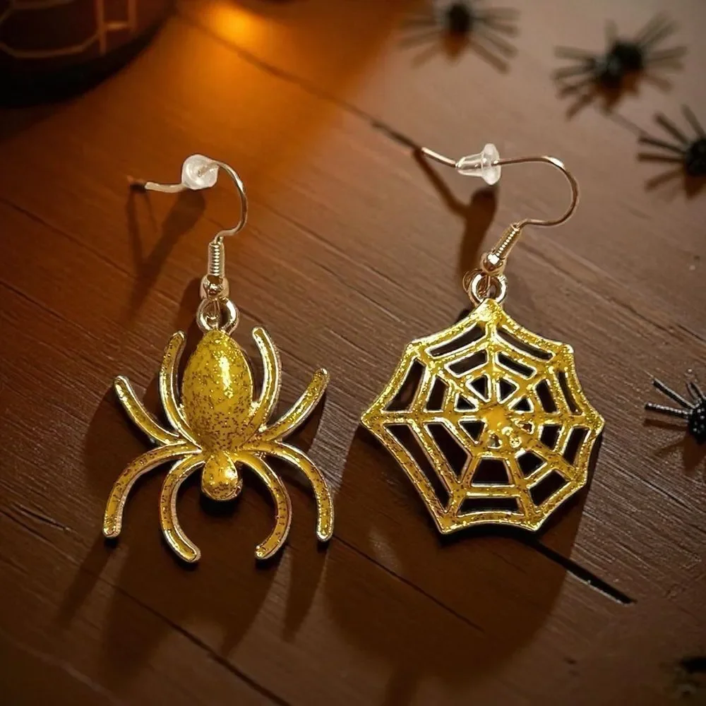 Gold Glitter Spider and Web Halloween Dangle Earrings